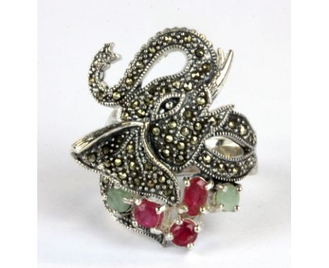 A 925 silver and marcasite elephant shaped ring set with rubies and emeralds, (N).