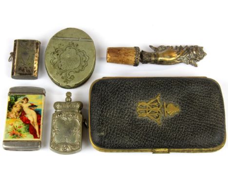 A cigar case, three vesta cases, a snuff box and a wine bottle stopper.