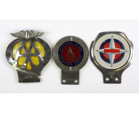 Two metal car badges for Southend on Sea advanced drivers and one for the Automobile Association.