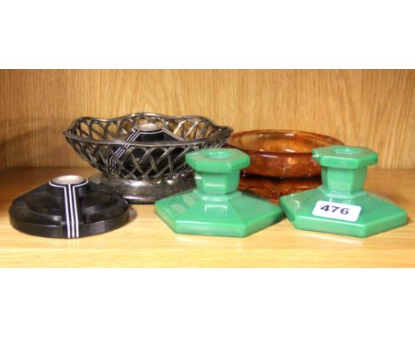 Two pairs of vintage candlesticks, a decanter coaster and a glass dish.