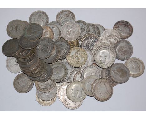 Great Britain, mixed lot of silver shillings; 1x George IV, 9x Victoria, 7x Edward VII, 56x George V, and 13x George VI (86 i