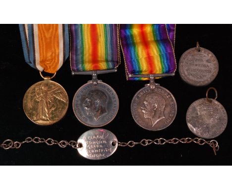A family group of three WW I medals to include British war and Victory, naming 3035. PTE. A. CLARKE. SUFF. R., British war na