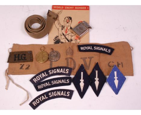 A WW I Victory medal naming 37534. PTE. J. MACKENZIE. R. WAR. R., together with Geo. V. Coronation, Royal Signals felt badges