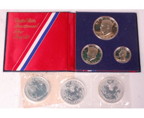 United States, bicentennial silver proof three coin set; a 1998 Britannia one ounce of fine silver; and two 1999 Britannia on