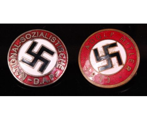 An Adolf Hitler 1933 Nazi party enamel badge, together with a N.S.D.A.P Nazi party members badge. (2)