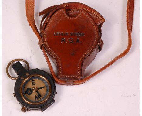 A Verners Patent prismatic compass stamped J. Pitkin & Co. Ltd. London 8929 in original stitched leather case named Leslie St