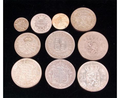 Mixed lot of silver coins to inc. 1908 Edward VII half crown, 1887 Victoria jubilee head half crown, 1865 Victoria young head