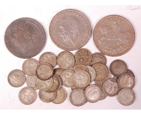 Great Britain, mixed lot of silver coins to include; 1821 George III crown, 2x 1935 George V rocking horse crown, 38 Victoria