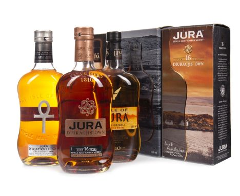 ISLE OF JURA DIURACHS' OWN AGED 16 YEARS Single Malt Scotch Whisky 70cl, 40% volume, in carton. ISLE OF JURA SUPERSTITION Sin