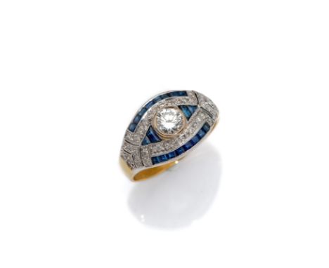 Saphir-Diamant-Ring20. Jh.RM 60750/000 Gelb- Weißgold (geprüft) 1 Diamant im Brillantschliff ca. 0,55ct W -TC/VS und 19 Diama
