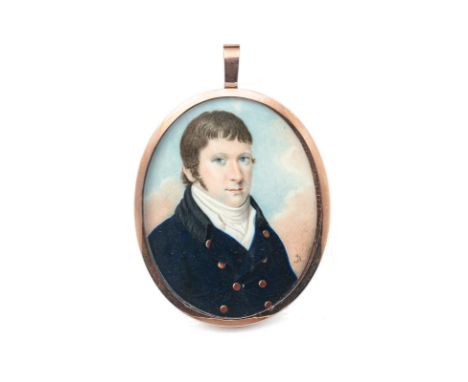 Bouring, Joseph1760 - 1817Im Oval 6,8 x 5,9 cmGouache auf Elfenbein. Kapselrahmung 14kt Rotgold. Portrait eines Herren in bla