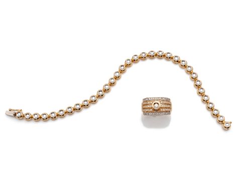 Diamantring und ArmbandRM 54/L. 19,5 cmRing in 585/000 Gelbgold mittig 1 Diamant im Brillantschliff ca. 0,05ct W/SI sowie fün