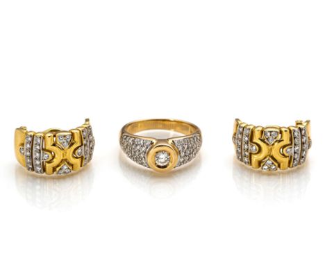 Diamantring und OhrringeRM 58/ 2 x 1,2 cmRing in 585/000 GG mittig 1 Brillant ca. 0,25ct und seitlich ca. 52 Diamanten im Bri