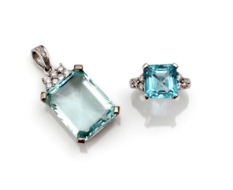Aquamarin-Diamant-Anhänger und Ringum 1980L. 3,8/RM 52Anhänger 750/000 Weißgold (gestempelt zusätzlich 18k), ausgefasst mit e