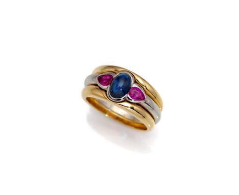Kleiner CocktailringBonn, Atelier Manfred Richarz um 1980RM 53750/000 Gelbgold und 950/000 Platin (gestempelt). Saphir Caboch