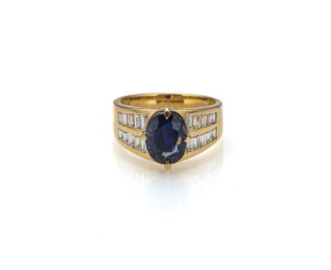 Saphir-Diamant-RingDeutsch, um 1980RM 52750/000 Gelbgold (gepunzt), 1 Saphir im Ovalschliff ca. 3,24 ct. (punziert, Stein ist
