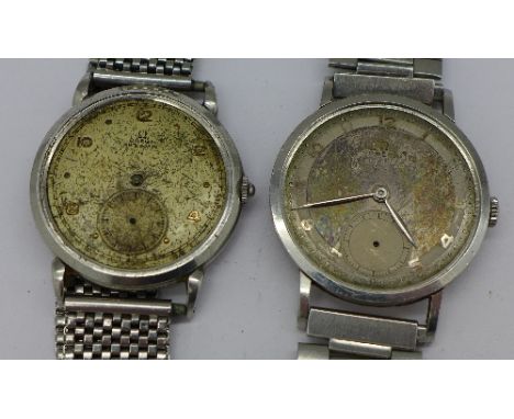 Two gentleman's stainless steel Omega wristwatches, one with a bumper automatic movement, the other with a manual wind moveme
