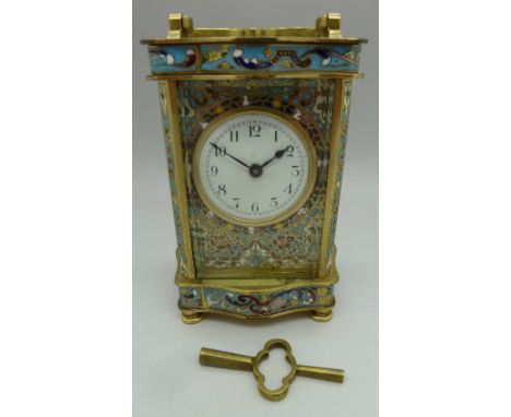 A brass and cloisonne four-glass sided carriage clock with French movement, height 125cm 