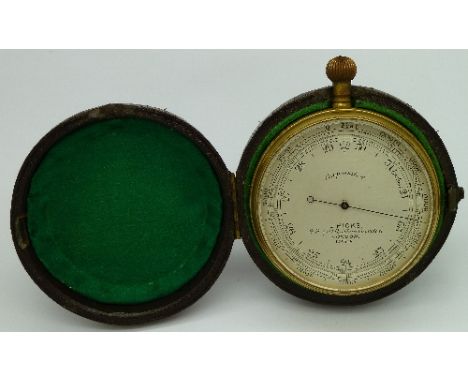 A gilt brass pocket barometer, J Hicks of Hatton Gardens, London. 0-1000 Feet dial indicators, No. 315 model, 70mm case diame