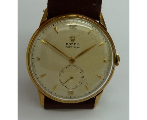 A gentleman's 18ct gold Rolex Precision manual wind wristwatch, 17 jewels, circa 1960's, 33.5mm diameter, working. 