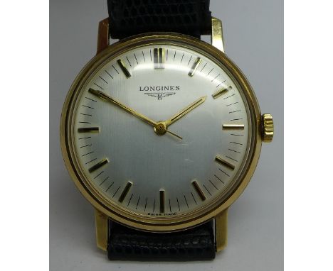 A gentleman's 9ct gold Longines dress wristwatch, manual wind movement, calibre 6942, 34mm diameter, circa 1980, working