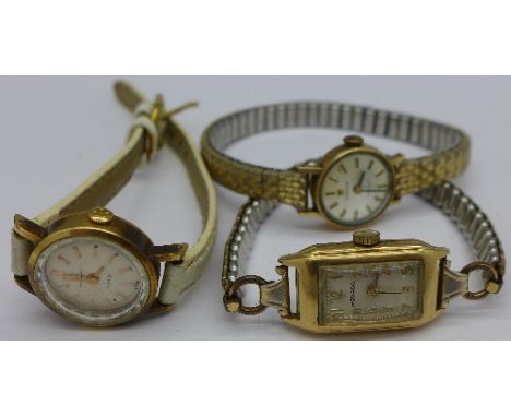 Three lady's wristwatches, comprising Movado and Tissot with 9ct gold cases and a plated Eterna-Matic. 