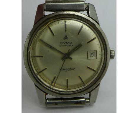 A gentleman's stainless steel Cyma Navystar calendar manual wind wristwatch, calibre Synchron 45, 34.5mm diameter, circa 1960