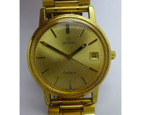 A gentleman's gold plated Omega Geneve calendar manual wind wristwatch, calibre 1030, 35mm diameter, circa 1974, working 