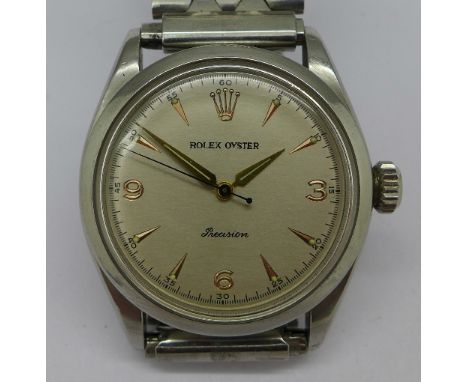 A gentleman's stainless steel Rolex Oyster Precision manual wind wristwatch, 33mm diameter, working. 