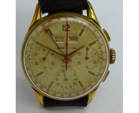 A gentleman's gold plated Breitling Datora triple calendar chronograph manual wind wristwatch, calibre Venus 191, 34.5mm diam