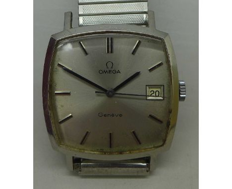A gentleman's stainless steel Omega Geneve calendar manual wind wristwatch, calibre 1030, 32mm diameter, circa 1977, working,