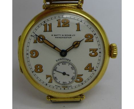 A gentleman's 18ct gold Longines manual wind wristwatch, 16 jewel movement, 1334 calibre, 34mm diameter, circa 1920, working 