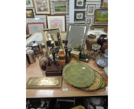 An collection of items including brass lamp with spaniels to base,two mirrors,trays, candlestick holders and more.