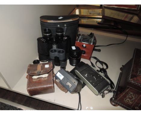 A mixed lot of cameras including instamatic 50 ,binoculars and GPO volt meter or similar.