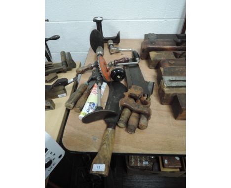A selection of wood working and similar hand tools including Hedghog hedging knife and Spear and Jackson hand saw