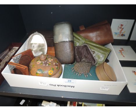 A varied lot of items including early 20tch century chain coin purse, hip flask, leather jewellery rolls and travel boxes, wo