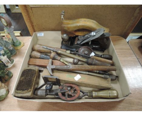 A selection of wood or cabinet makers assorted hand tools including Bailey plane and hand cranked drill