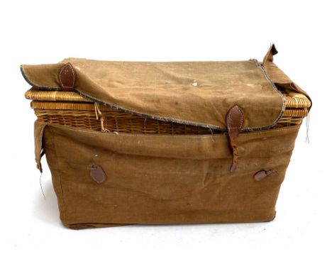 A vintage wicker hamper, fabric lined, with removeable tray, canvas and leather cover, 64cmW