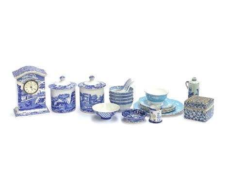 A quantity of blue and white ceramics to include a Spode mantel clock, Chinese blue and white rice ware, Delft etc