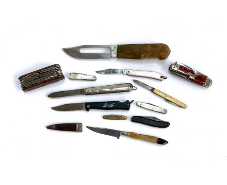 A quantity of pocket knives to include Richmond Sheffield, several mother of pearl, bone handled pen knives, and a Swiss Army