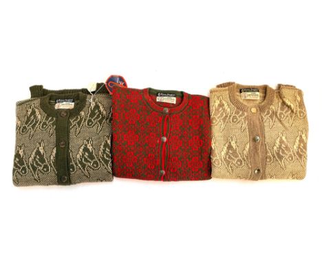 Three vintage deadstock 'Doreen Langford'  knitted cardigans, one with horn buttons, two with horse pattern