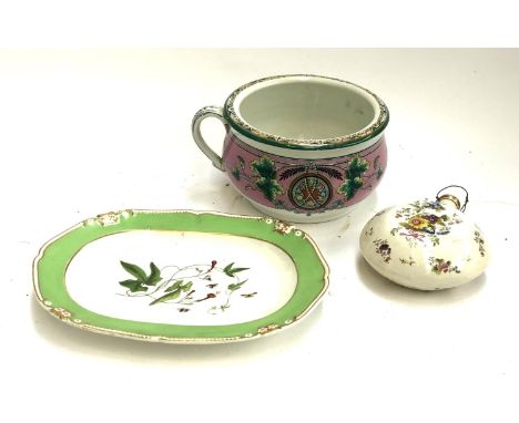 A hand painted Bloor Derby 'Blood flowered ipomoea' dish, 36cmW, together with a Suez chamber pot and a floral porcelain flas