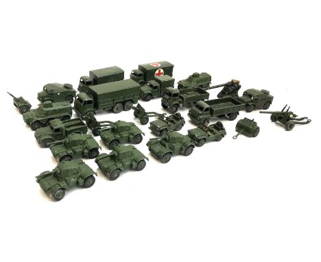 A quantity of Dinky die cast army vehicles to include 10 ton army truck, military ambulance, army wagons, field artillery tra
