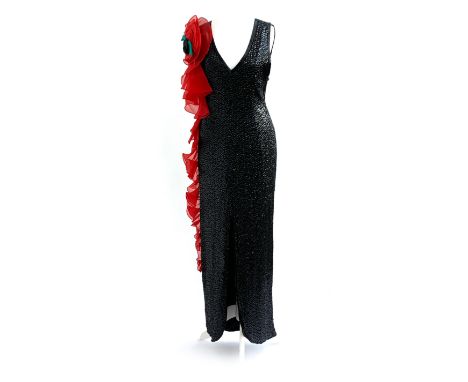 A vintage Didi's Razzle Dazzle silk beaded and sequinned evening dress with floral shoulder detail, size M/12