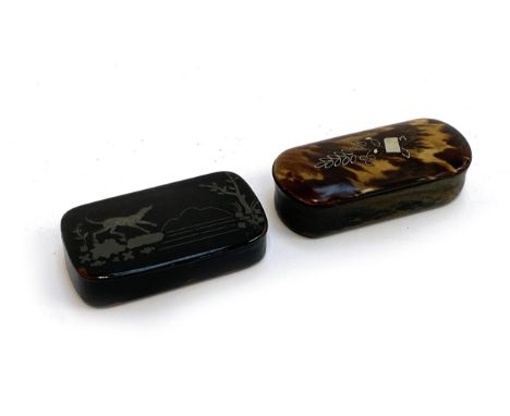 A horn and tortoiseshell snuff box, inlaid with white metal, 7.5cmW; together with a further further ebonised papier mache sn