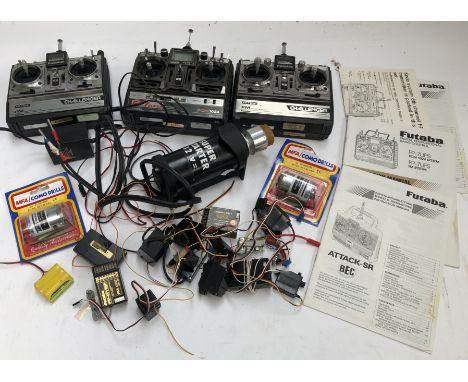 A box containing a quantity of assorted RC transmitters, receivers, and accessories, car and aero types, 12v Aero nitro engin
