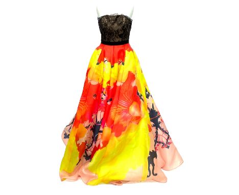 An Amir Hossein couture sleeveless orange and yellow gown with black lace bodice, with net underskirts