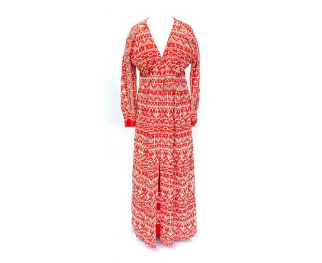 A vintage red cotton coat with embroidered detail; together with matching dressProvenance: from the wardrobe of The Late Duch