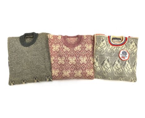 Three vintage deadstock 'Doreen Langford' knitted jumpers, pink butterfly pattern, and horse pattern (3)