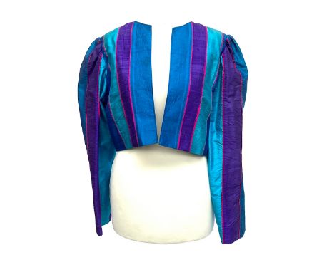 A vintage silk bolero jacket in blue and purple with neon pink pipingProvenance: from the wardrobe of The Late Duchess of Ric